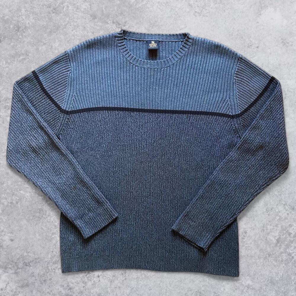 Vintage 90s Y2K Nautica Blue Cotton Knit Sweater Black Stripe Preppy Crewneck -
